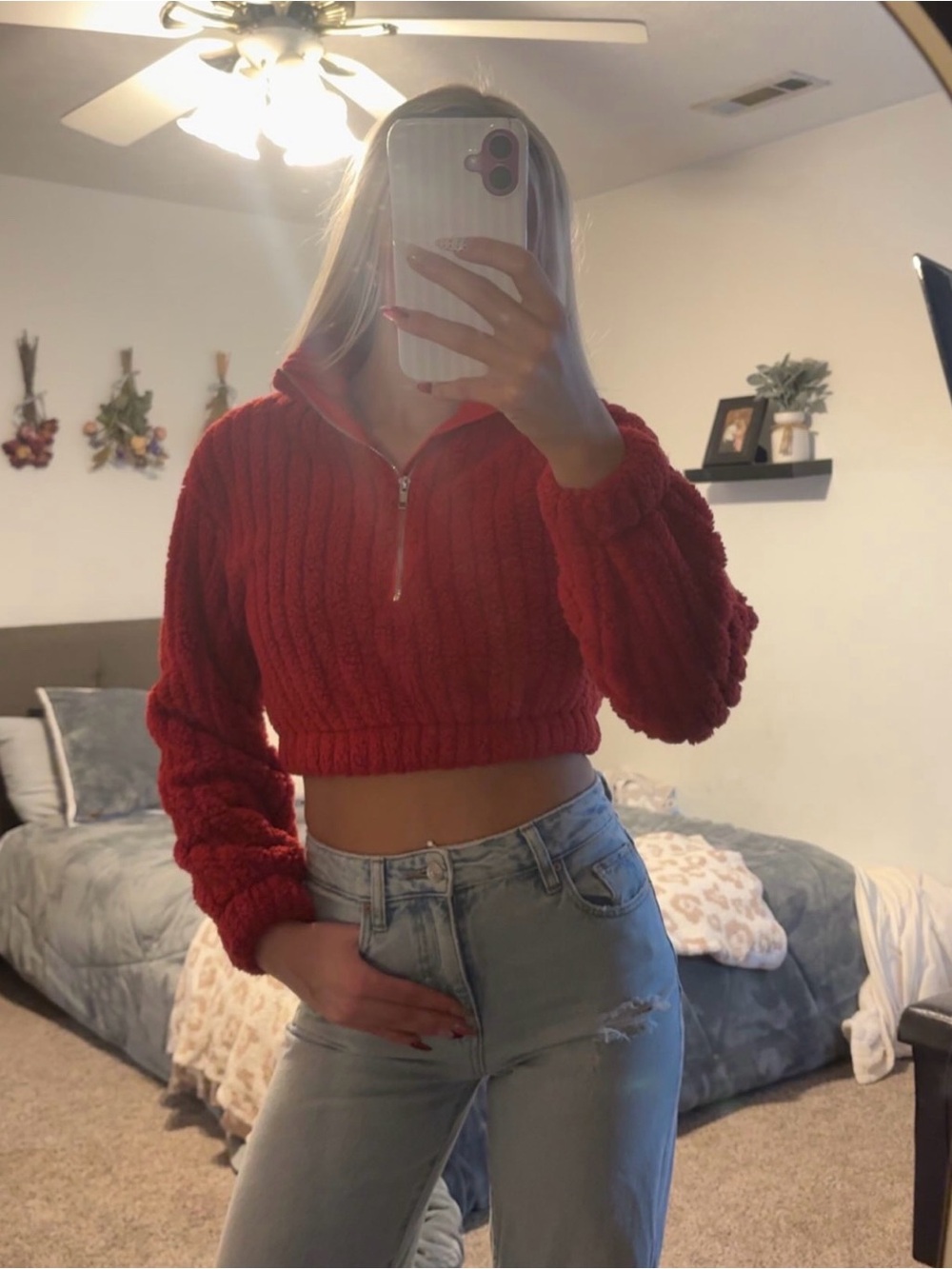 Cropped Red Cable-Knit Half-Zip Sweater